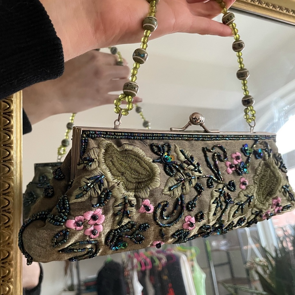 Floral beaded green purse